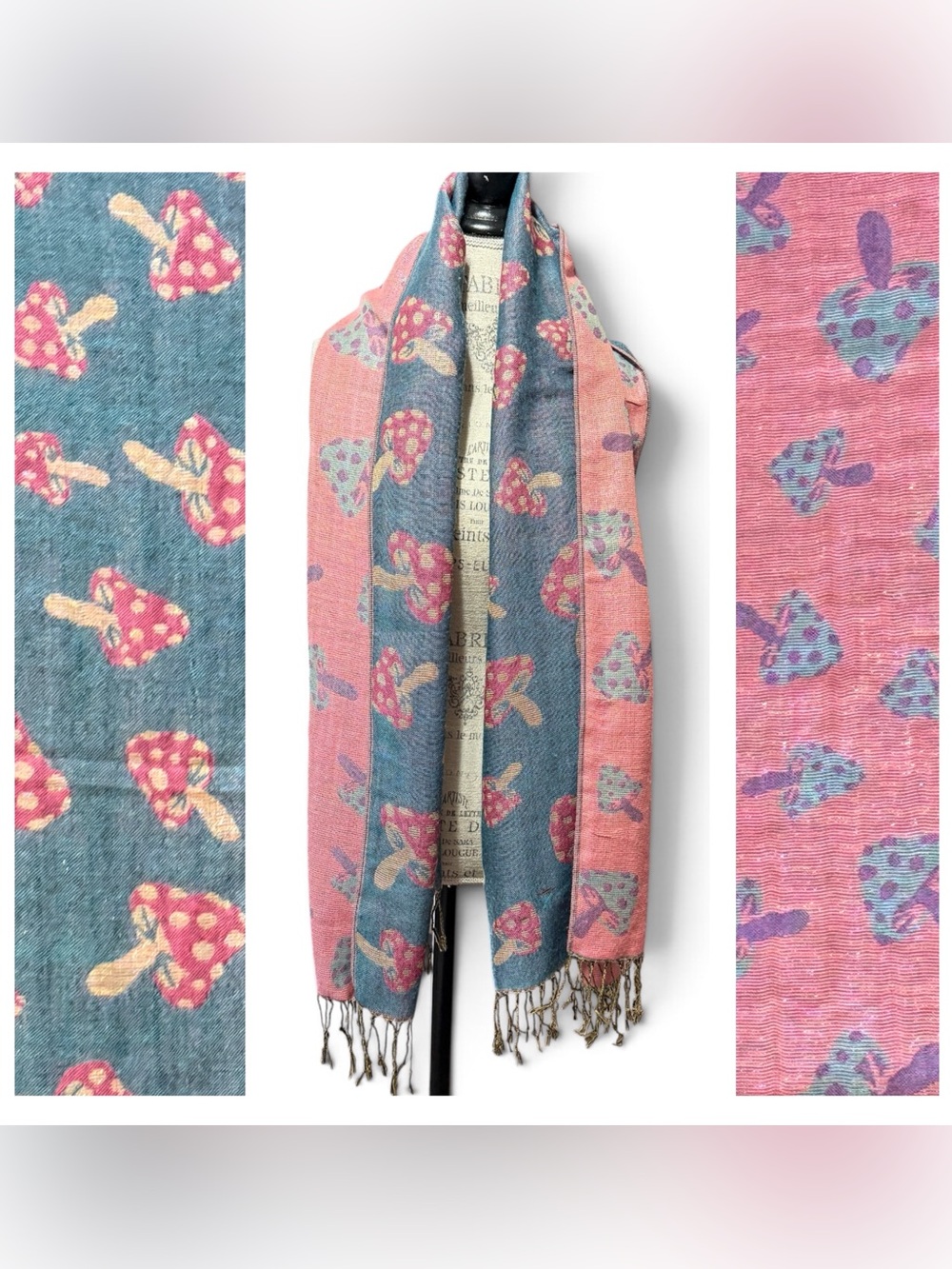 Pink and Blue 100% Pashmina Mushroom Rave Scarf Shawl Wrap Metallic Threading